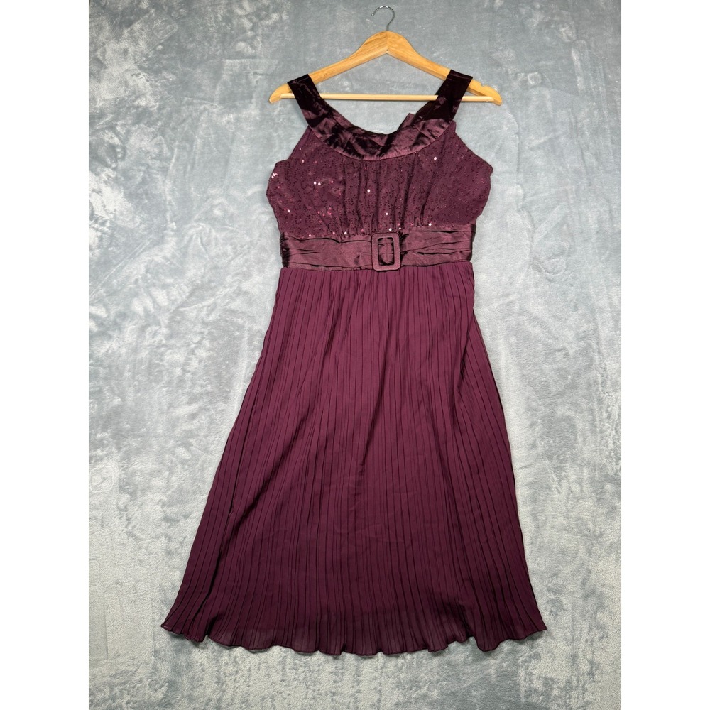 Jonathan Martin Cocktail Dress Womens 10 Purple Sequin Pleated Belted Tie Back